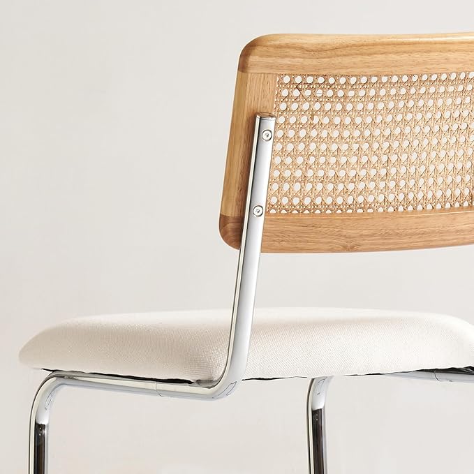 Natural Rattan Counter Height Stools Set of 2 with Solid Wood Back, 24 Inch Mid Century Modern Cesca Bar Stools, White Upholstery Boho Stool for Kitchen Counter with Chrome Metal Legs