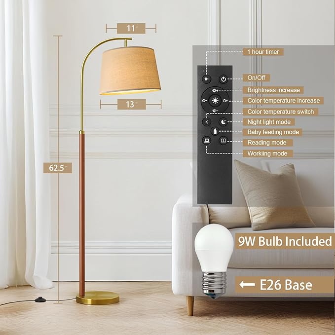 62.5" Gold Floor Lamp for Living Room Dimmable Standing Lamp with Remote & Foot Switch, 3 Color Temperatures Arc Tall Lamp Wood Mid Century Modern Floor Lamps for Bedroom Office, 9W Bulb Included