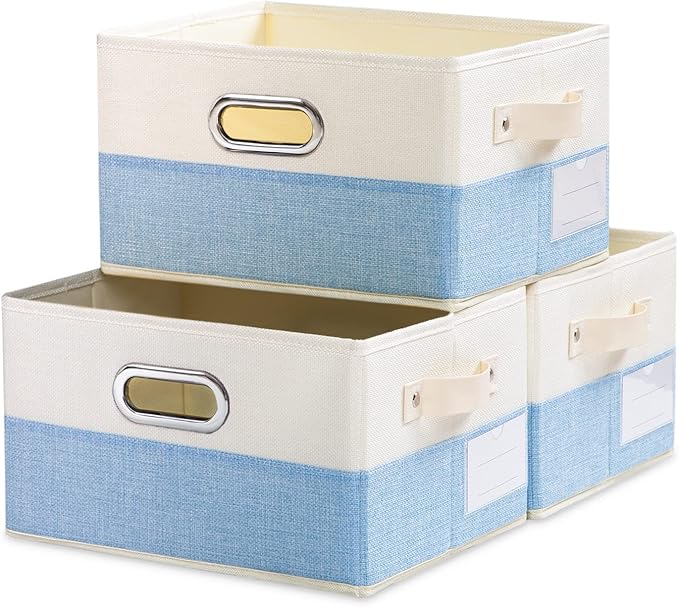PRANDOM Fodable Storage Bins for Closet [3-Pack] Decorative Fabric Storage Baskets Cubes with Leather/Metal Handles for Shelves Bedroom Living Room Blue&Cream (11.5x8.5x6.7 Inch)