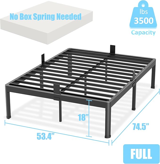 Full Size Bed Frame with Round Corner Edge Legs 18 inch Heavy Duty Support 3500 lbs Metal Platform Bed Frame Full No Box Spring Needed/Non-Slip/Steel Slat Support/Noise Free