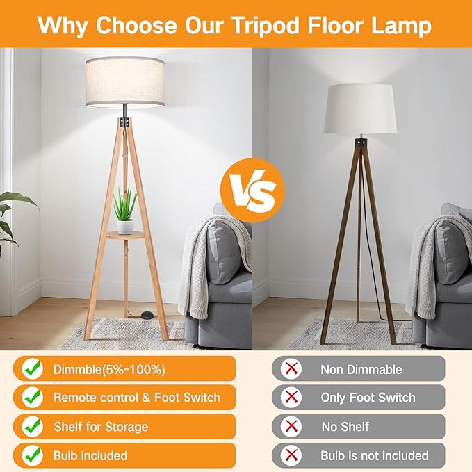 OUTON Dimmable Wood Tripod Floor Lamp with Shelves, Remote Control, Mid Century Modern Standing Lamp 58.5" for Bedroom, Living Room, and Office, Flaxen Lamp Shade Include E26 9W Bulb