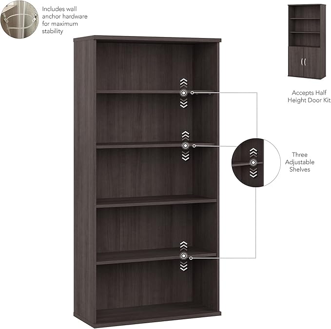Bush Business Furniture Hybrid Tall 5 Shelf Bookcase in Storm Gray