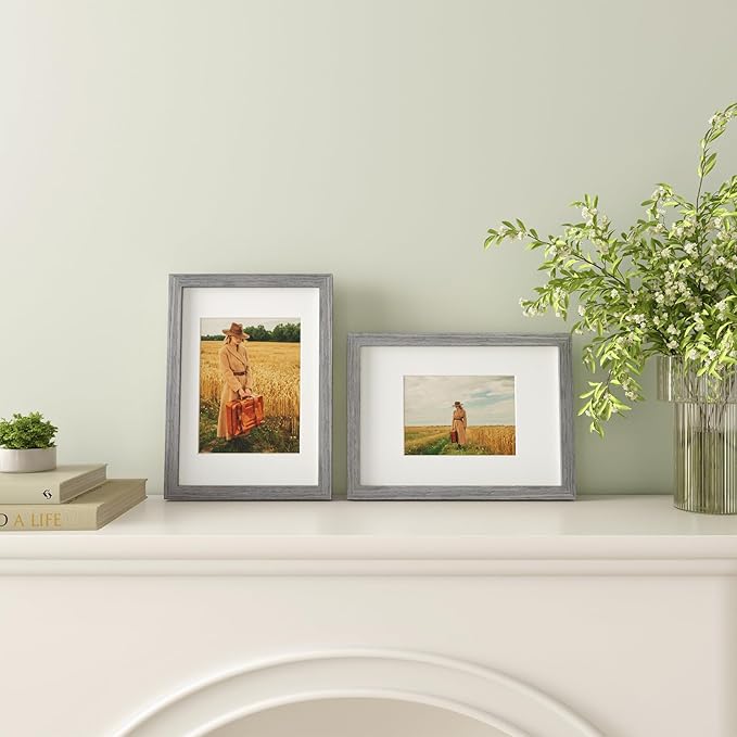 Egofine A4 Picture Frame Made of Solid Wood with Plexiglass, Display Pictures 4x6/6x8 with Mat or A4 Without Mat for Tabletop and Wall Mounting, Oak Grey