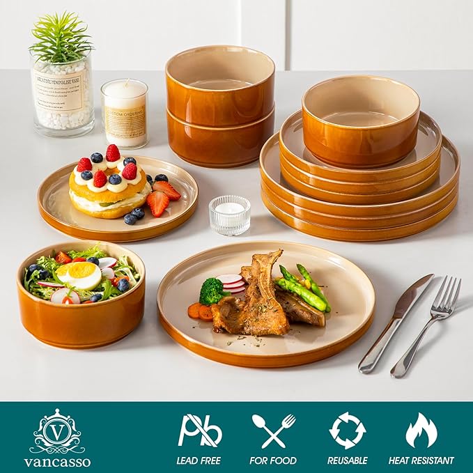 vancasso ONION Ceramic Plates and Bowls Sets, 12 Pieces Brown Dinnerware Sets for Kitchen, Reactive Glaze Dishes Set for 4, Dishwasher and Microwave Safe