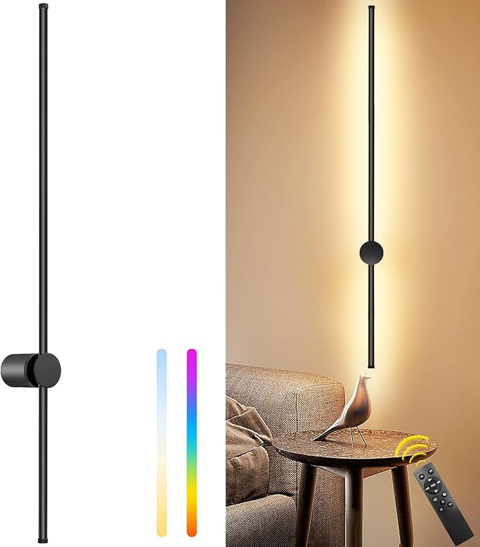 39.4 Inch Battery Operated Wall Sconce, 12000mAh Rechargeable Wall Sconce with Remote Control, Dimmable LED Wireless Wall Light for Bedroom, Living Room, 15 Colors, 180° Rotate, Black, 1 Pack