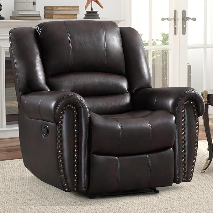 INZOY Leather Recliner Chair, Heavy Duty Manual Reclining Sofa Single Lounge Sofa for Living Room, Home Theater Seating, Dark Brown