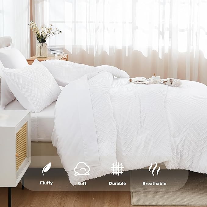 Andency White Comforter Queen Size Set with Sheets - 7 Pieces Boho Bed in a Bag Tufted Bedding Sets Lightweight All Season Bed Set with Comforter, Sheets, Pillowcases & Shams