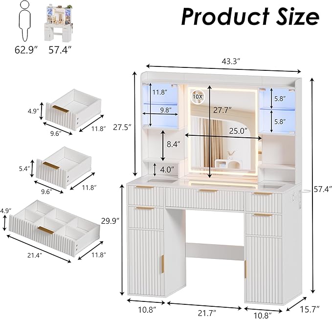 PAKASEPT Vanity Desk with Mirror and Lights, Fluted Makeup Vanity Desk with Lights 3 Colors, Glass Top Vanity with 16 RGB Colors Cabinet, 2 Shelves & 5 Drawers & Power Outlet