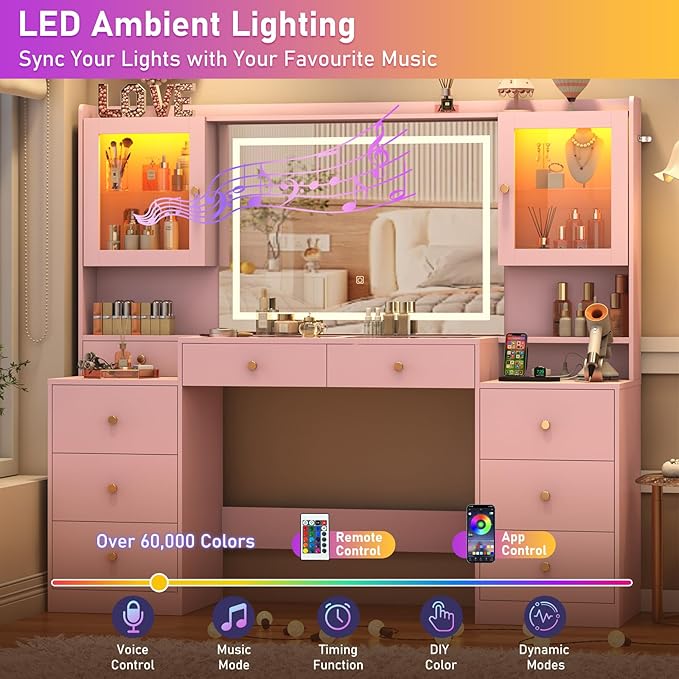 62" Large Pink Vanitys Desk w/ Tempered Glass Top,60000-color LED Lights,Power Outlet, Make up Vanity w/ 3 Lights Mode LED Mirror,9 Drawers,2 RGB Cabinet LED Vanity Table for Women,Girls