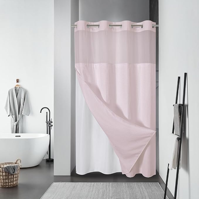 BlushPink No Hook Waffle Weave Shower Curtain with snap-in Liner Replacement, 230GSM Waterproof Fabric Hotel Shower Curtain Set for Bathroom, Through Mesh Top Window,54Wx80H
