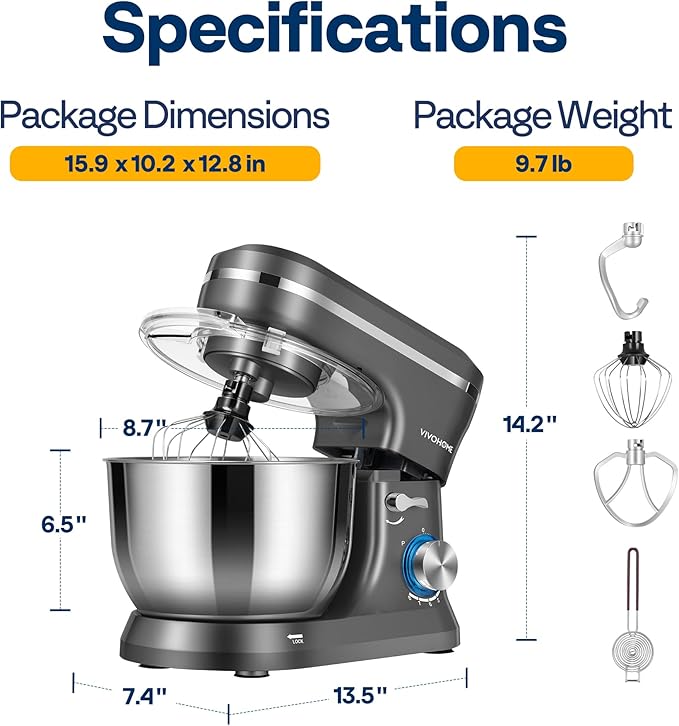 VIVOHOME 4.75 Quart Stand Mixer, 8 Speed Kitchen Electric Food Mixer, Household Stand Mixer for Baking, Cake, Bread with Beater, Dough Hook, Wire Whip and Egg Separator, Gray