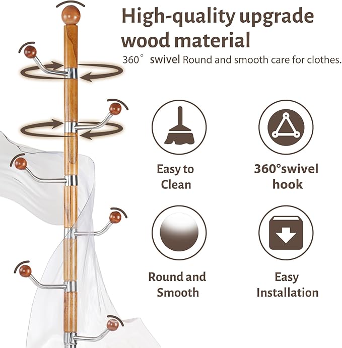 Coat Rack Freestanding, Metal Wooden Coat Tree with 6 Hooks, Heavy Duty Coat Hanger Stand with Resin and Stainless Steel Base, Free Standing Hall Tree for Scarf, Bag, Jacket (Metal)