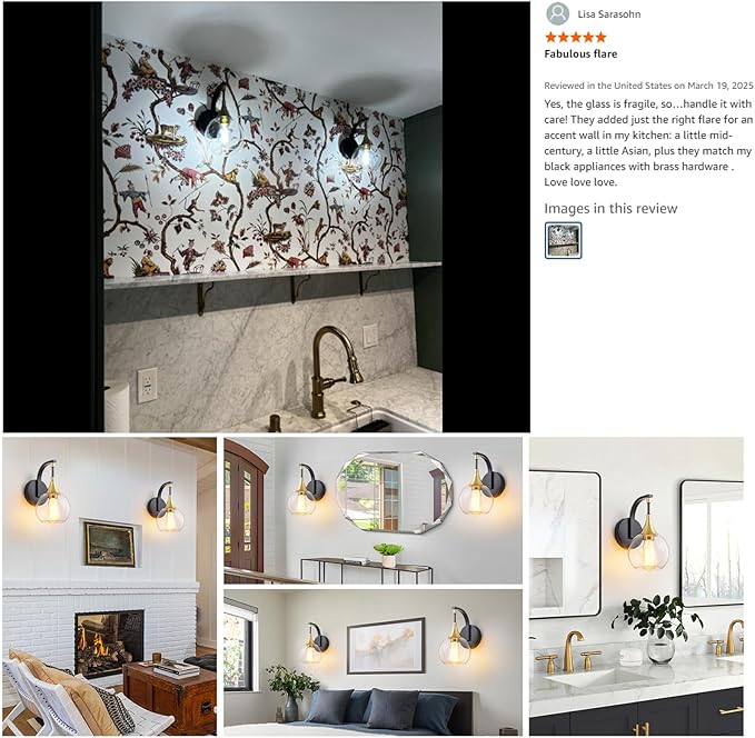 Black and Gold Wall Sconces Set of Two, Modern Wall Sconce Light with Clear Glass Shade,Indoor Wall Light Fixture Wall Lamps for Bedroom, Hallway, Bathroom