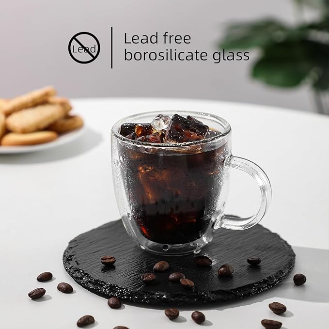 Aurzen 2 Pack Double Walled Glass Coffee Mugs with Handles, Large Insulated Layer Coffee Cups, Clear Borosilicate Mugs, Perfect for Cappuccino, Tea, Microwave Safe (5oz-2Pack B)