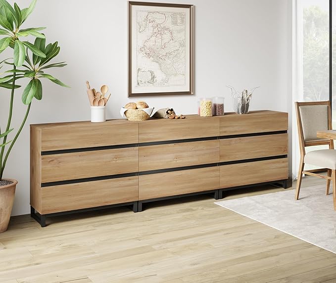 Wampat Modern TV Stand for 100 inch TVs, Entertainment Center Console with 9 Drawers, Metal Base, Living Room, Bedroom, Oak