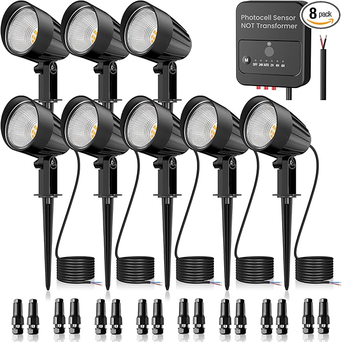 ZZXX Low Voltage Landscape Lighting 12W 2700K Landscape Spotlights with Photocell Sensor 1200LM Super Warm White LED lighting Outdoor IP66 Waterproof AC/DC 12V-24V for Yard Garden Pathway Tree(8 Pack)