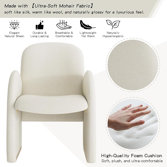 YOUTASTE Oversized Accent Chair for Living Room Bedroom Office, Upholstered Mohair Armchair with Wood Frame and Gold Metal Legs, Mid-Century Modern Lounge Chair, Beige