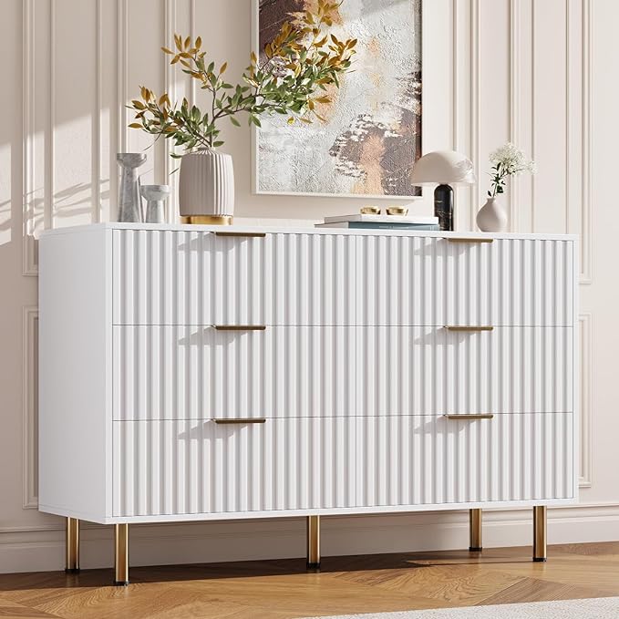 White 6 Drawer Dresser for Bedroom, Fluted 47.2" Wide Modern Chest of Drawers with Deep Drawers, Long Large Double Dresser TV Stand for Living Room, Hallway, Kids Room
