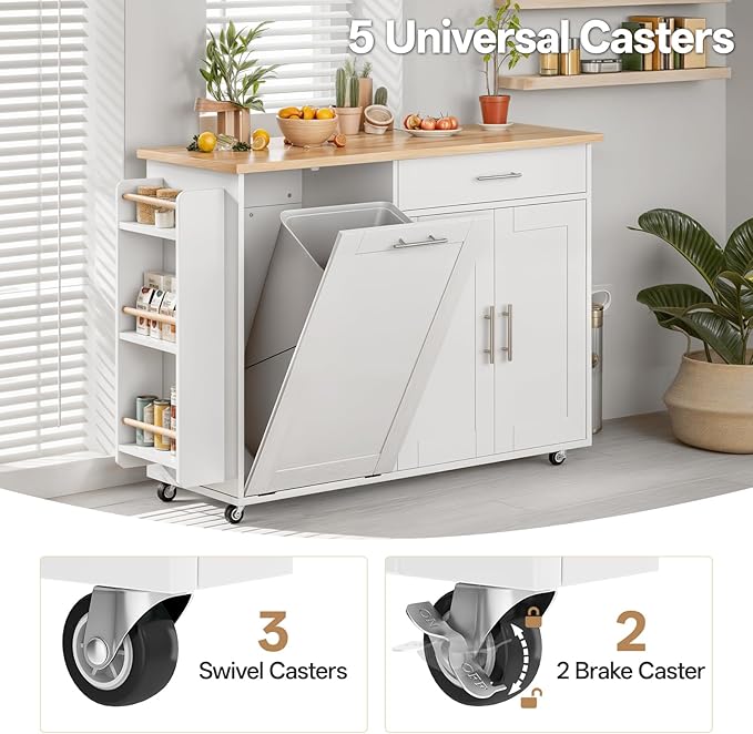 Kitchen Island with Storage & Drop Leaf- Rolling Island Cart with Wheels, Rubberwood Top, Trash Bin Cabinet & Towel Rack, White Farmhouse Style Island Table for Kitchen