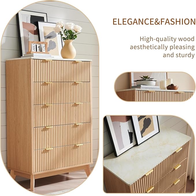 Fluted 5 Drawers Dresser for Bedroom, 48" Tall Modern Chest of Drawers with Metal Handle, Farmhouse Dresser TV Stand, Wood Drawer Organizer for Bedroom, Living Room, Hallway (Natural Oak)