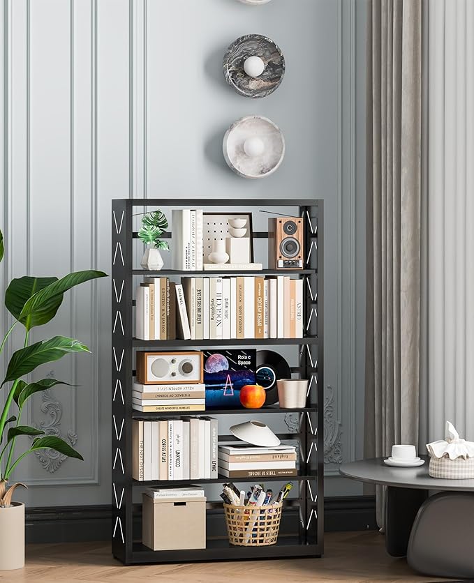 5-Cube Tall Bookshelf, Adjustable Metal Bookcase with Anti-Tip Kit & Leveling Feet, Heavy-Duty Home Storage Organizer, Modern Display Shelves for Books, Toys, CD