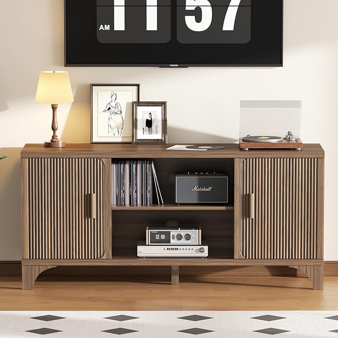 Tall Mid Century Modern TV Stands for 55/60/65 Inch TV Boho Media Console for Living Room Fluted TV Entertainment Center with Storage Wood Television Cabinet for Bedroom