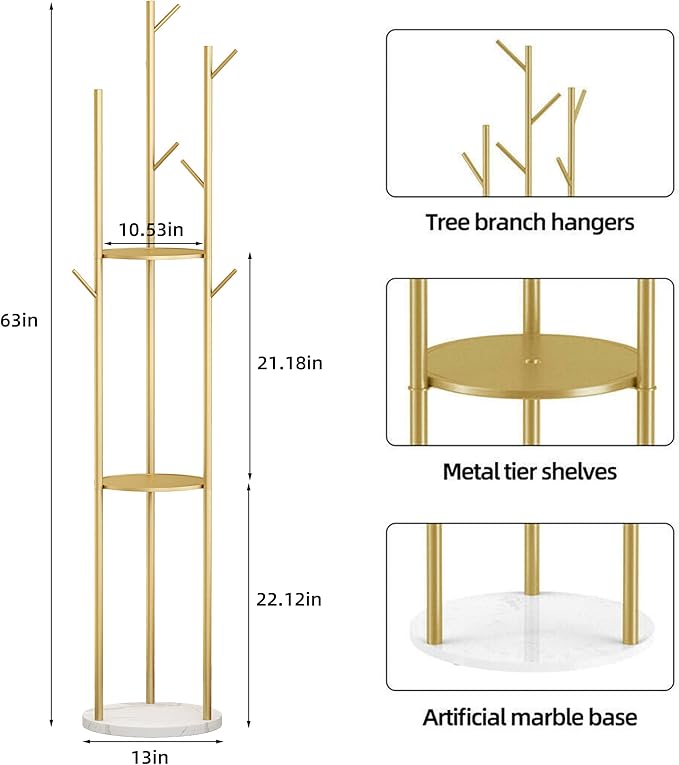 Gold Coat Rack Stand, Metal Coat Racks Tree Hanger Freestanding with 3 Storage Shelves and 9 High-grade Hooks and Stable Marble Base, for Jackets、Hat、Umbrella