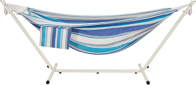 LazyDaze Hammocks Double Hammock with Stand - 2 Person Heavy Duty Outdoor Hammock for Adults, Includes Durable Steel Stand, Portable Carrying Bag and Pillow, Blue Stripes