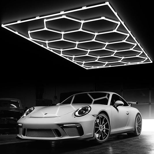 Hexagon Garage Lights, 15 Grids LED Garage Hexagon Lights with Rectangle Frame, 6500K Super Bright Honeycomb Lights Ceiling for Garage, Warehouse, Car Detailing Shop, Exhibition Hall, Gym