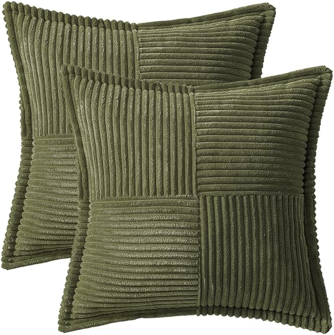 MIULEE Decorative Throw Pillow Covers for Couch Bed Livingroom 20x20 Inch Set of 2 Olive Green Boho Accent Throw Pllows Broadside Striped Patchwork Soft Corduroy Summer Pillowcases
