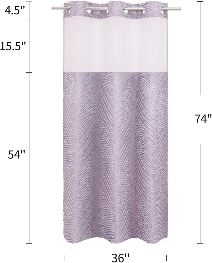 Purple Boho Small Stall Shower Curtain 36 x 74, Lavender No Hook Half Size Narrow Modern Fabric Shower Curtain with Snap in Liner, Hotel Style with See Through Top Window