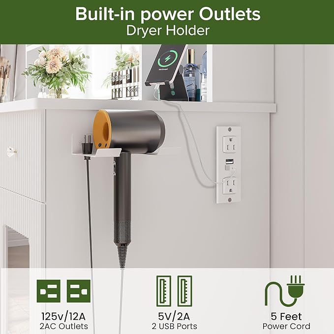 Vanity Desk with Mirror and Lights, Modern Makeup Vanity with Glass Top, Fluted Dressing Table Vanity Set with 3 Drawers, 4 Open Shelves, and Storage Cabinets for Bedroom, 3 Color Modes