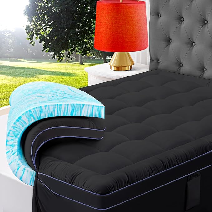 ABENE Queen Dual Layer 3 Inch Memory Foam Mattress Topper, 2 Inch Gel Memory Foam Plus 1 Inch Down Alternative Pillowtop Mattress Pad Cover, Soft Black Bed Topper Support for Pressure Relief