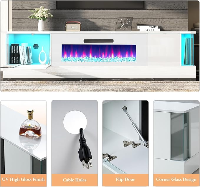 AMERLIFE High Gloss Fireplace TV Stand with 40" Fireplace, 80" LED Lights Entertainment Center with Flip Doors & Corner Glass Decor, Modern TV Console Table for TVs up to 90", Living Room, White&White