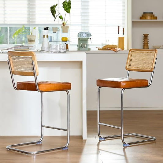 Natural Rattan Bar Stools Set of 3 with Solid Wood Back, 24 Inch Mid Century Modern Counter Height Stools, Brown Faux Leather Upholstery Boho Stool for Kitchen Counter with Chrome Metal Legs