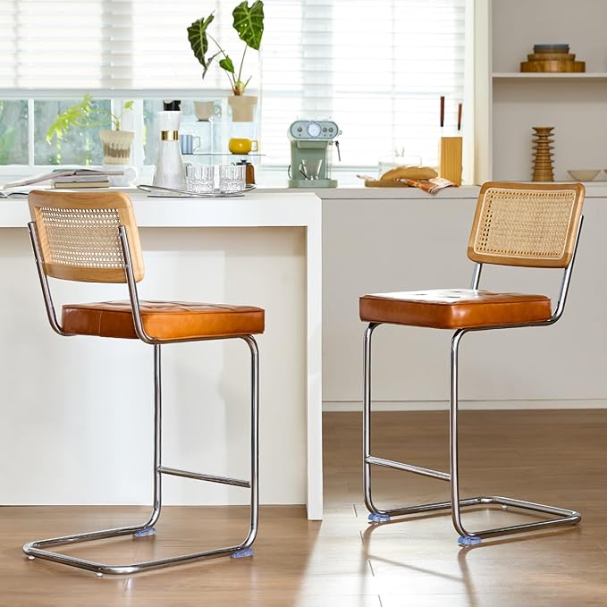 Natural Rattan Bar Stools Set of 2 with Solid Wood Back, 24 Inch Mid Century Modern Counter Height Stools, Brown Faux Leather Upholstery Boho Stool for Kitchen Counter with Chrome Metal Legs
