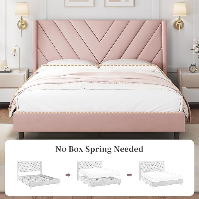 Yaheetech Queen Bed Frame Upholstered Platform Bed with Wing Side/Wooden Slat Support/Tufted Headboard with Wing Side/Mattress Foundation/No Box Spring Needed,Pink Queen Bed