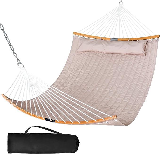 SUNCREAT 13.8 FT Hammocks Quilted Fabric Double Hammock with Detachable Curved Bamboo Spreader Bar and Soft Pillow, Max 450 lbs Capacity, Tan