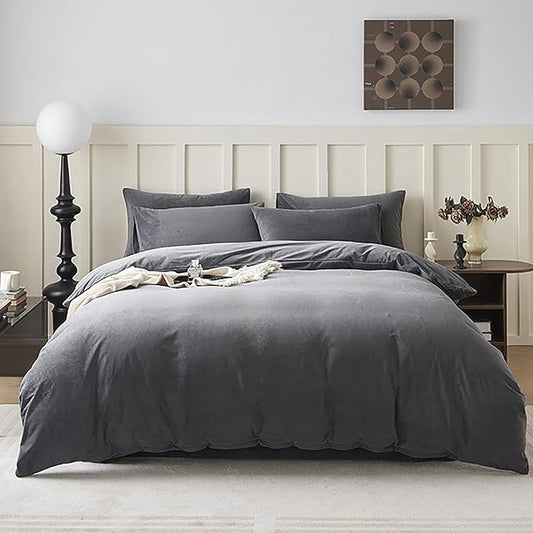 Cottonight Grey Velvet Comforter Set - California King Plush Fluffy Gray Bedding - Winter Warm Cozy Super Soft Heavyweight Flannel Comforter Set with 2 Pillowcases