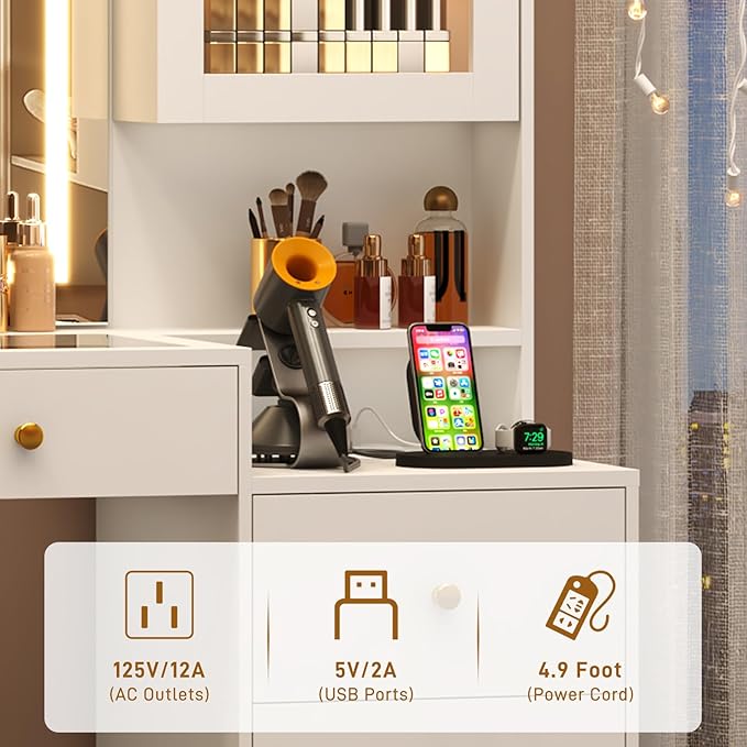 Large Vanity Desk w/60000-color LED Lights,Tempered Glass Top,Outlet,62inch White Makeup Vanity Table w/ 3 Lights Mode Mirror & Lights,9 Drawers,2 RGB Cabinet,LED Dressing Table for Women