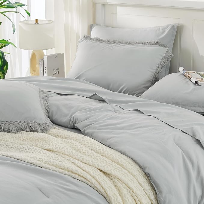 Andency Light Grey Queen Size Comforter Set with Sheets - 7 Pieces Boho Tassel Bed in a Bag Soft Lightweight Bedding Sets, Light Grey Fringe Bed Set with Comforter, Sheets, Pillowcases & Shams