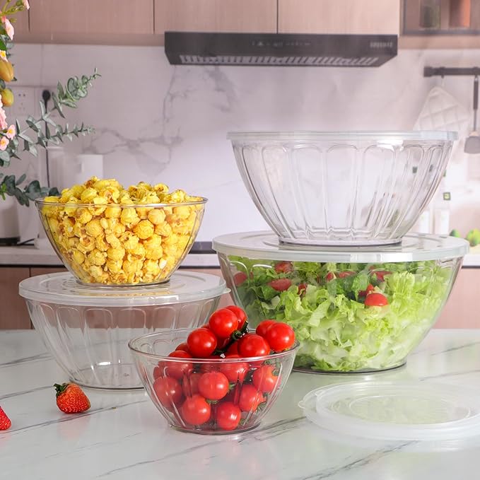 MOLIGOU 5 Pack Extra Large Mixing Bowls with Lids Set, Plastic Nesting Bowls for Meal Prep, Baking, Serving, 7.2/4.7/2.9/1.8/0.9 qt