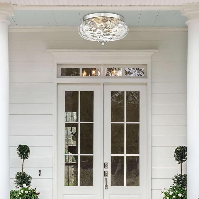 Darkaway Large Ceiling Light Fixtures 3-Ight Flush Mount Indoor Outdoor Ceiling Light with Water ipple Glass Shade for Kitchen Bedroom Living Room Dining Room Entry Porch Nickel Finish