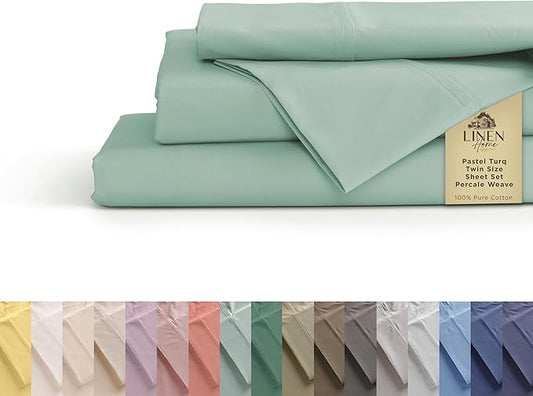 Linen Home 100% Cotton Percale Sheets Twin Size, Pastel Turk, Deep Pocket, 3 Pieces Set - 1 Flat, 1 Deep Pocket Fitted Sheet and 1 Pillowcase, Crisp Cool and Strong Bed Linen