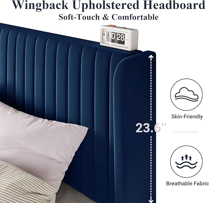 Allewie King Size Velvet Bed Frame/Vertical Channel Tufted Wingback Headboard/Upholstered Platform Bed/Strong Wooden Slats/No Box Spring Needed/Easy Assembly/Blue
