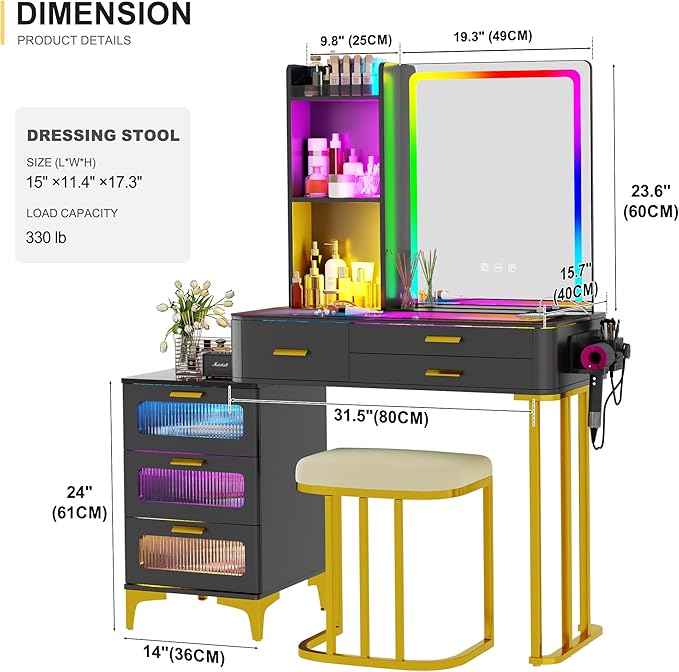HNEBC Vanitys with HD Glass Display Table, Makeup Desk with Lighted Mirror and Charging Station, Dressing Table with RGB Lights,Jewelry Organizer,Cabinet,6Drawers,Chair for Women/Girls (Black)