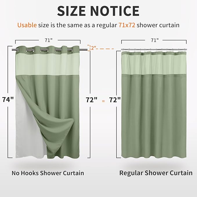 River Dream Sage Green Heavyweight No Hooks Required Shower Curtain with Snap in Liner - Dotted Waffle Weave,Hotel Grade,Spa Like Bath Curtain,71W x 74H
