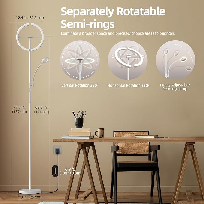 FIMEI Split Floor Lamp Modern LED Rotatable Floor Lamp with Reading Light, Eye-Protection Reading Standing Lamp with Stepless Dimming and 3000K-6000K Color, Separately Rotatable Design, White