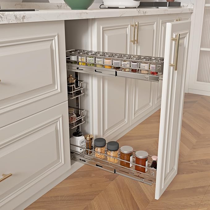 4-Tier 5" W x 21" D Narrow Pull Out Cabinet Organizer, Roll out Spice Rack Holder Shelve, Slide Out Slim Storage Wire Baskets for Storage Organization