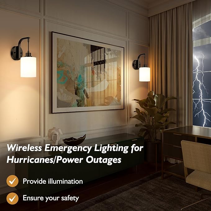 Wireless Rechargeable Wall Sconce Set of Two, 15Colors Black Battery Operated Wall Lights, 2 Milky Glass Wall Lamps with Remote and Dimmable Bulbs, Cordless Sconces Wall Decor for Bedroom Living Room